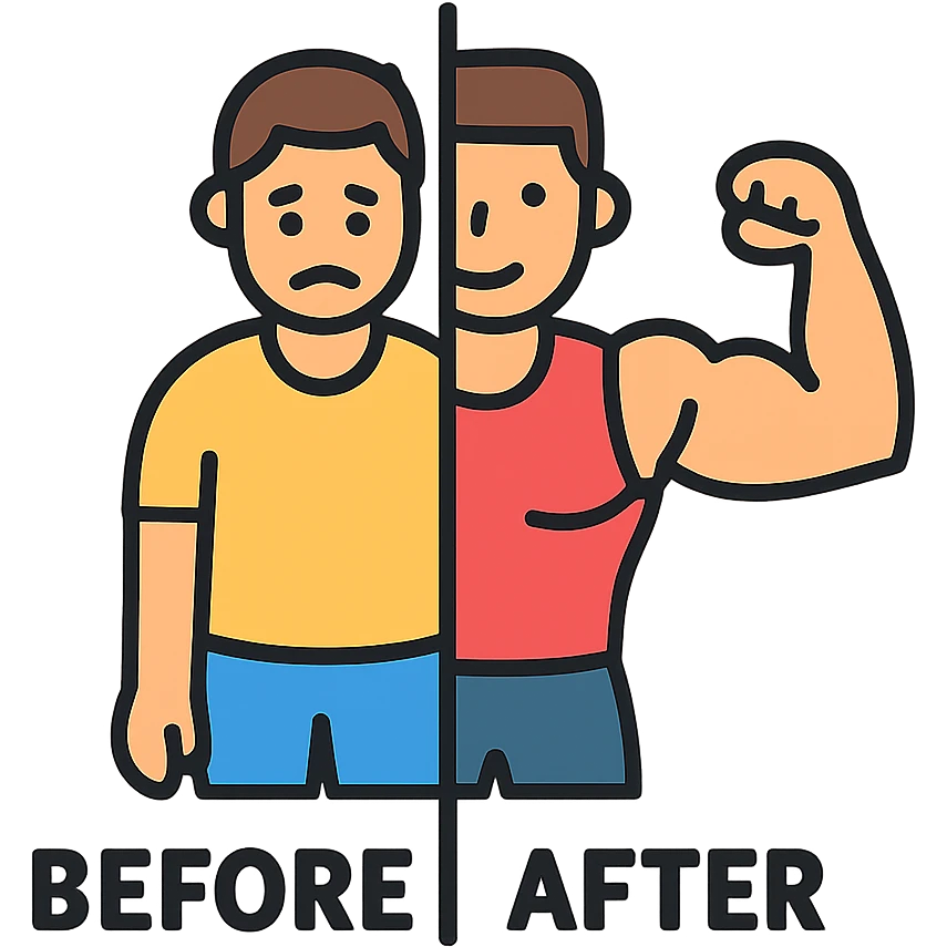 in the picture is devided in to two parts, at the first the sportsman is weak and lazy, but at the second picture the same sportsman is very strong because he doing a workout regularly. There is no line between the picture, at the first picture the is a word before, in the second picture there is a word after emoji