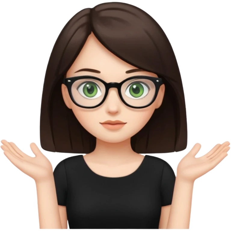 a cute white brunette girl with green eyes in a black dress wearing glasses  with two hands  emoji
