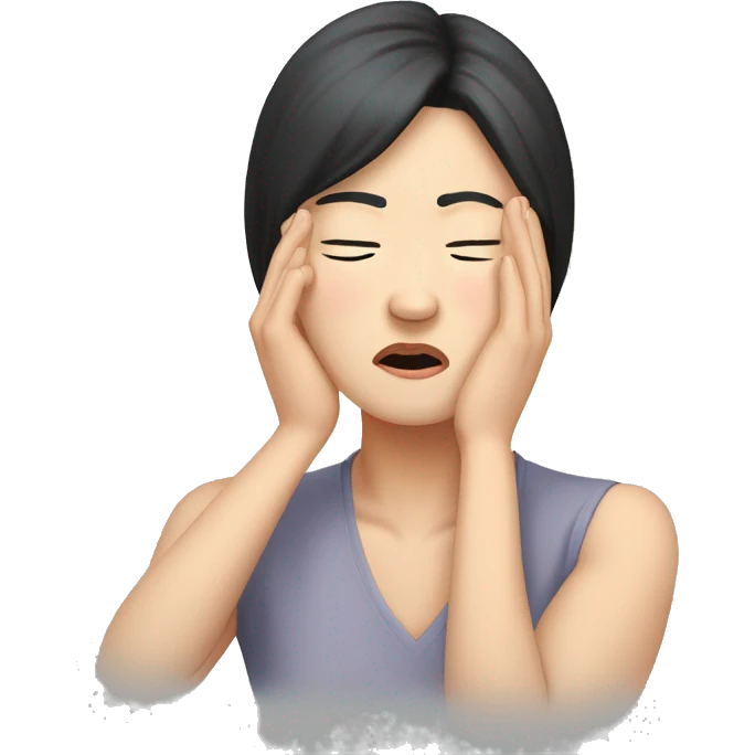 Headache, middle-aged Korean woman in her 40s, with only one hand on her head, painful face, black hair emoji