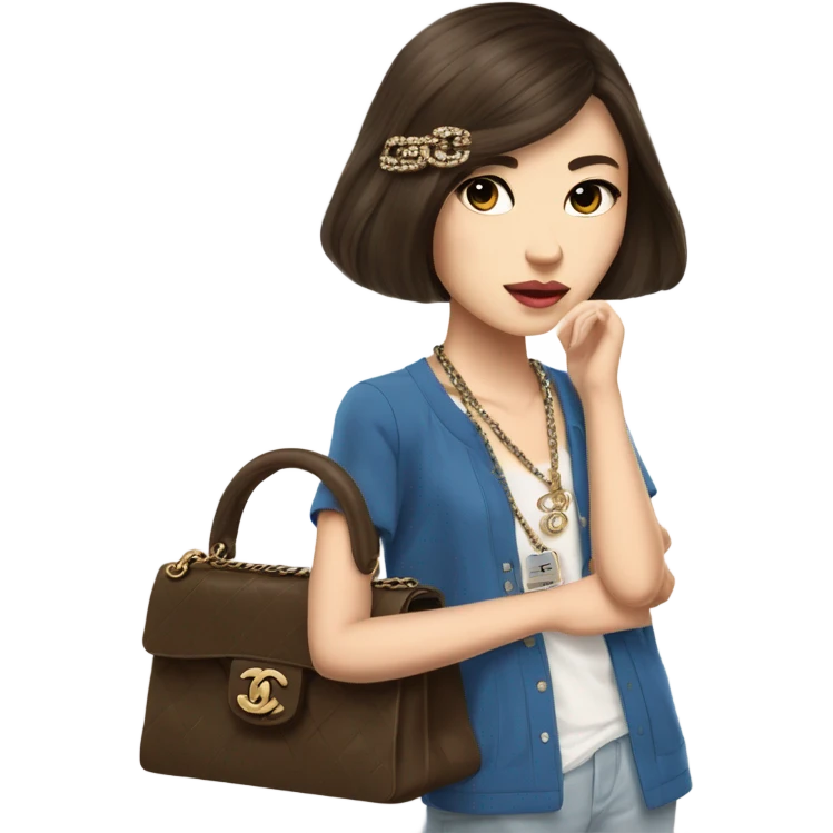 Realistic brown hair blue eyes Chanel Asian Girl with Birkin bag and Chanel necklace emoji