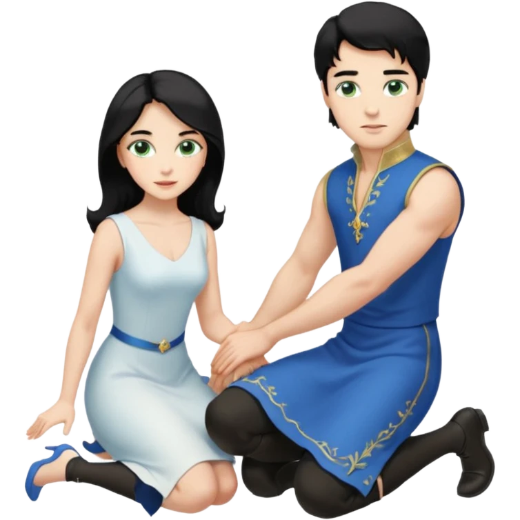 prince, upright, black Hair, blue eyes, garment,  woman, bending knee, white sleveless dress, blonde hair, green eyes, emoji
