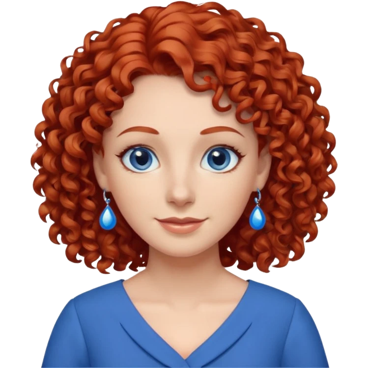 una profesora simpática con el pelo rojo rizado, ojos azules, vestido azul y pendientes azules emoji