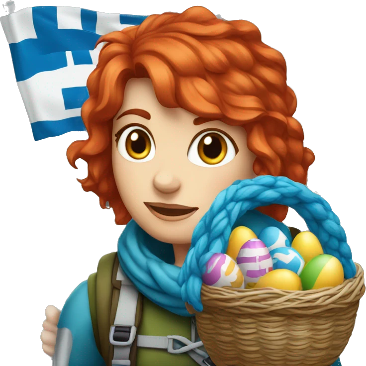 Female winter mountaineer red hair white skin climbing with Greek Flag and Easter eggs basket emoji