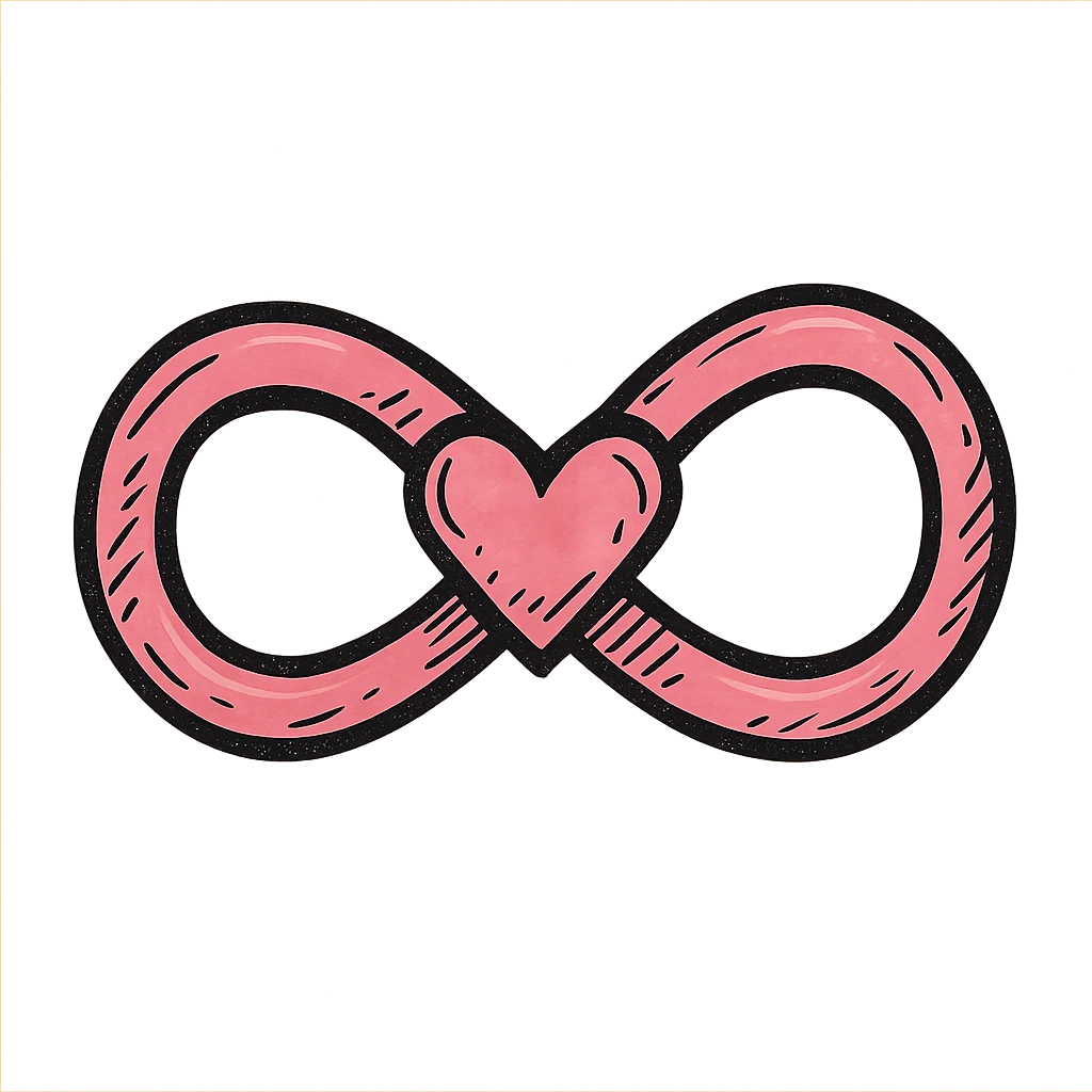 hand-drawn pink infinity symbol with strong graphic outlines, stylized shadows and highlights, heart formed by the crossing point of the infinity, center of the symbol is a heart shape emoji