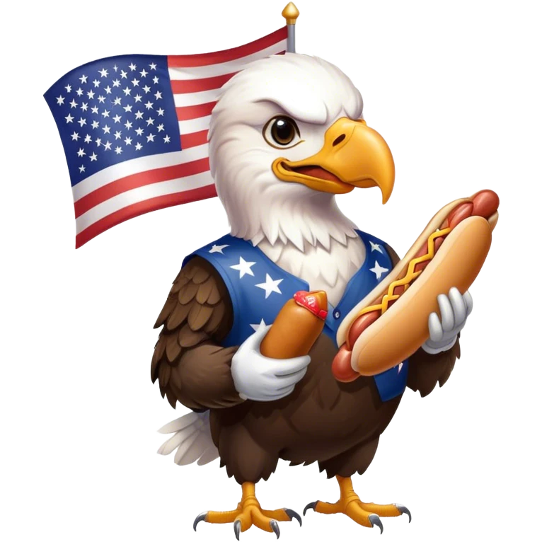 Bald eagle holding a baseball and a hot dog with an American flag in the background  emoji