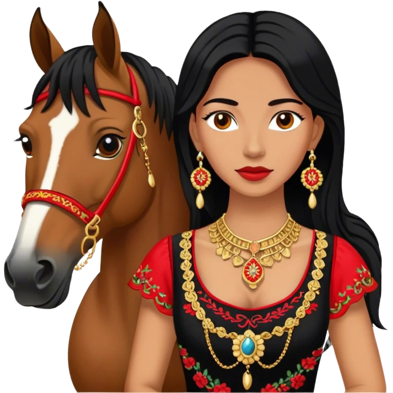 A woman in a black and red embroidered dress poses beside a horse, wearing gold necklace  emoji