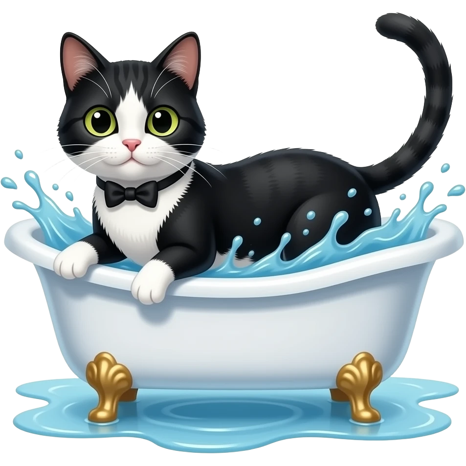 Cat shower in bathtub. A tuxedo cat emoji