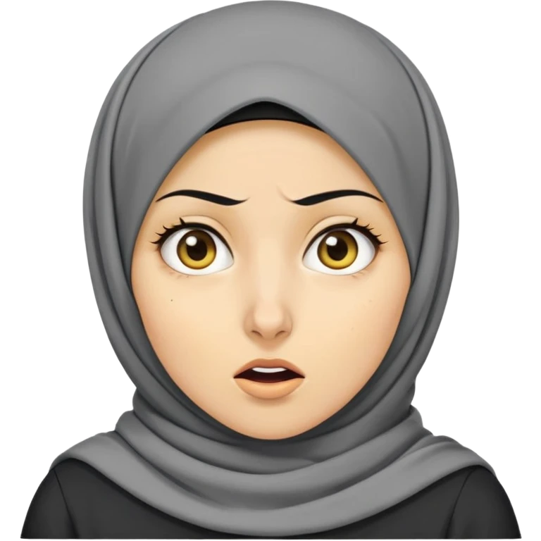 người phụ nữ 30 tuổi, da vàng, đội khăn hijab, tóc ngắn màu đen, mặt biểu cảm hoảng hốt, áo màu xám đậm emoji