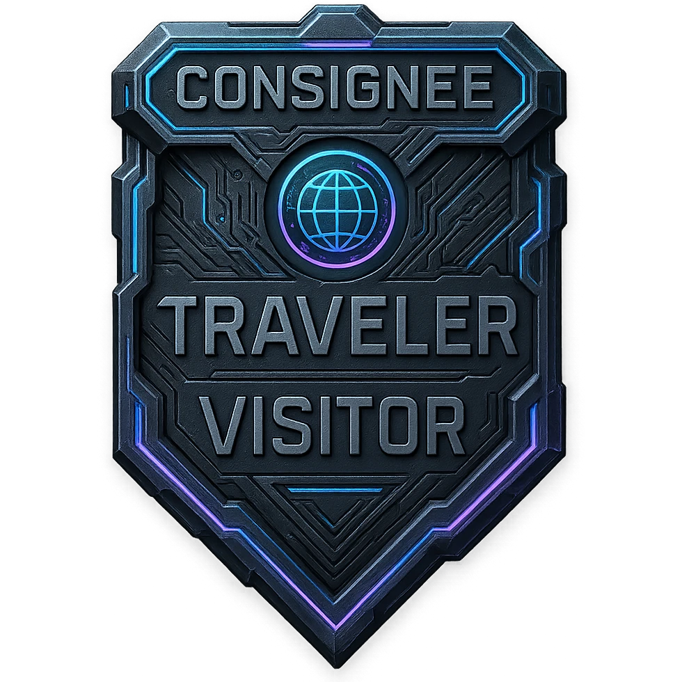 a metal insignia badge for a consignee traveler visitor, space scifi-futuristic cyberpunk futurepunk emoji