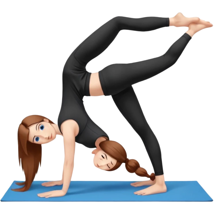 A girl with fair skin and a natural blush. Eyes are large, expressive, blue. Hair is long, straight, chestnut-colored. Smile is soft, friendly, does yoga in the downward facing dog pose, in a black top and leggings emoji