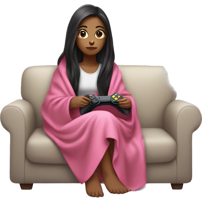 girl with long dark hair wrapped up in a blanket sitting on a couch with a pink gaming controller in her hands emoji