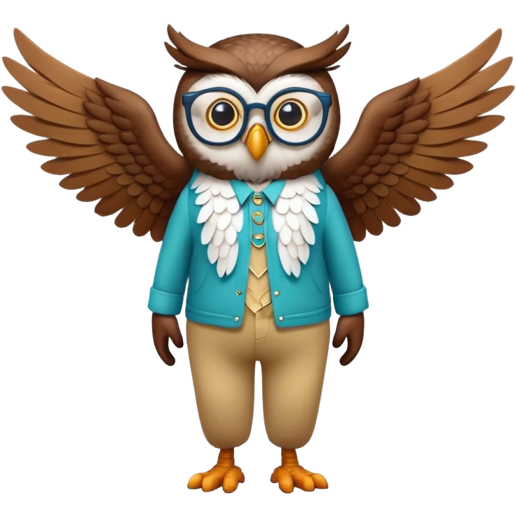 friendly anthropomorphised night owl with wings instead of arms, colourful pants and shirt, wearing glasses, walking upright, night owl features and colours, unique pose 2 emoji