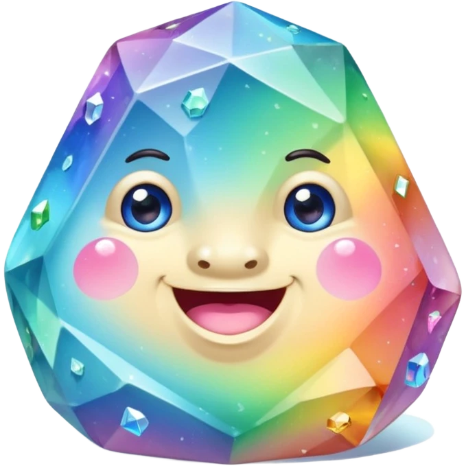 A single pastel rainbow crystal rock character, chubby and heavy with a chunky, irregular polygon shape,covered in faceted crystal planes and small chips, big glossy rainbow eyes and a small smiling mout emoji