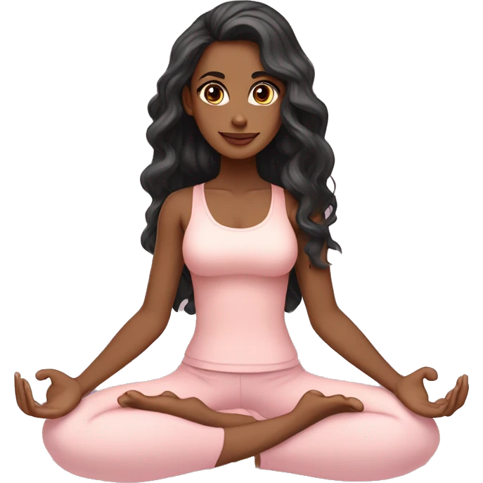 black long wavy hair and brown eyes with light tan skin yoga girl in light pink clothes sitting on a yoga mat  emoji