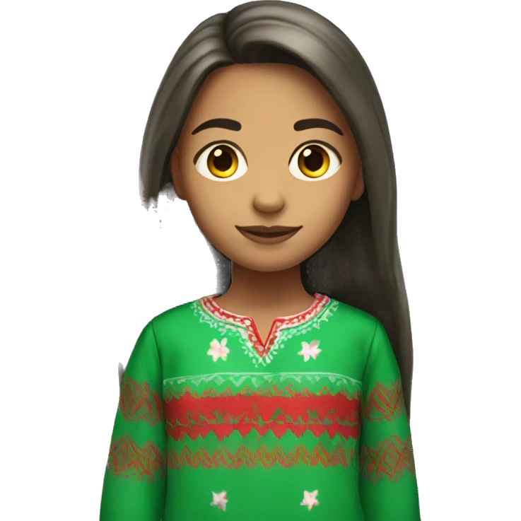 Mexican 13 year old girl with long hair and green and red pajama pants emoji