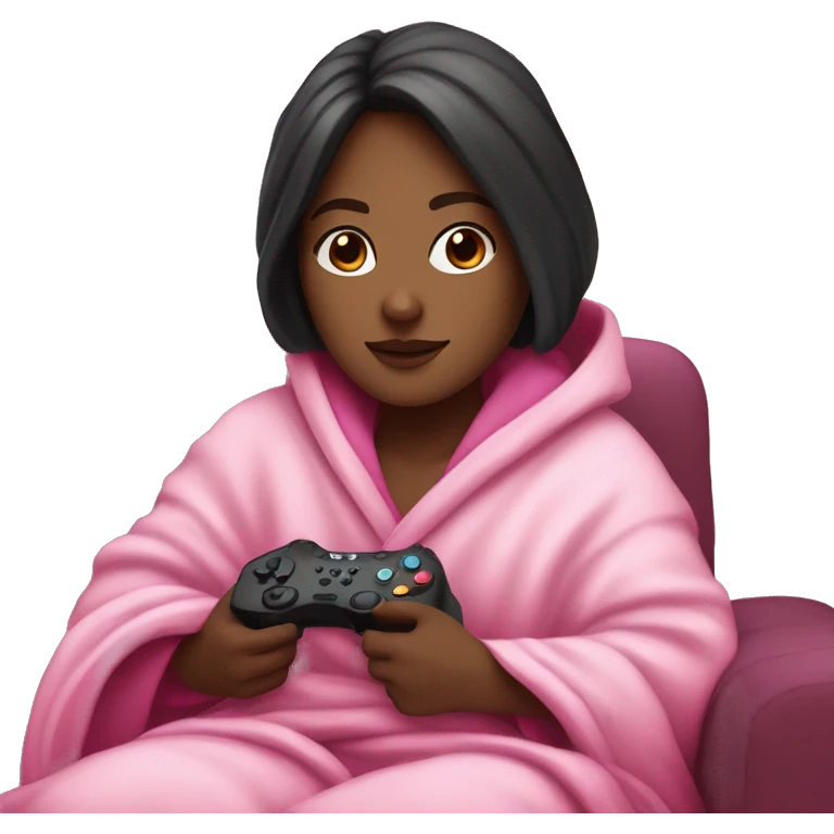 White girl with dark hair wrapped up in a blanket sitting on a couch with a pink gaming controller in her hands emoji