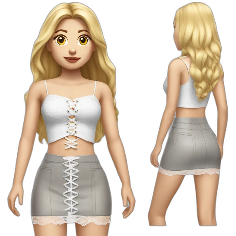 hyperrealistic caucasian female, long straight blonde hair, white lace-up crop top and grey plain tight mini skirt emoji
