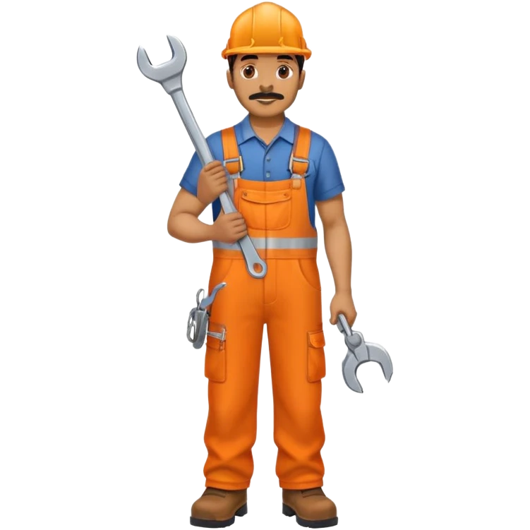 Indian male railway engineer orange overalls, boots holding a spanner emoji
