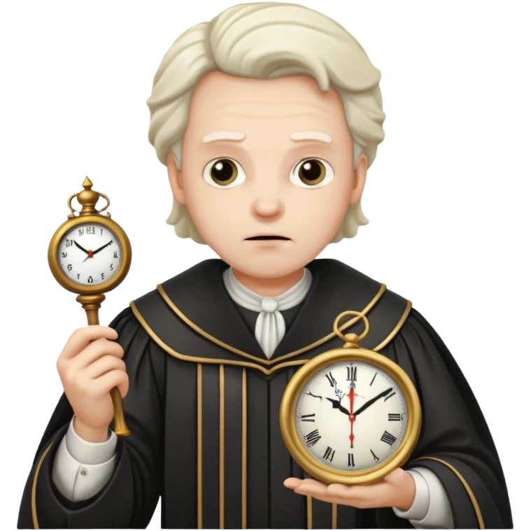 a 1600s judge with a hurried expression holding a clock that is UNFAIR emoji