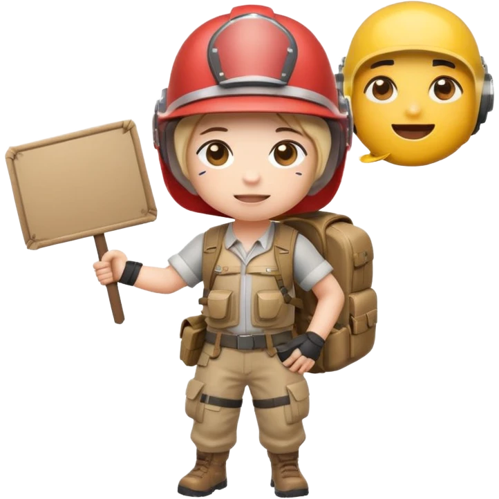 Create a cute emoji-style PUBG Mobile character, chibi version with helmet and backpack, standing in victory pose, holding a blank white sign or paper sheet in both hands in front of chest, ready for text, clean white background, simple emoji design” emoji