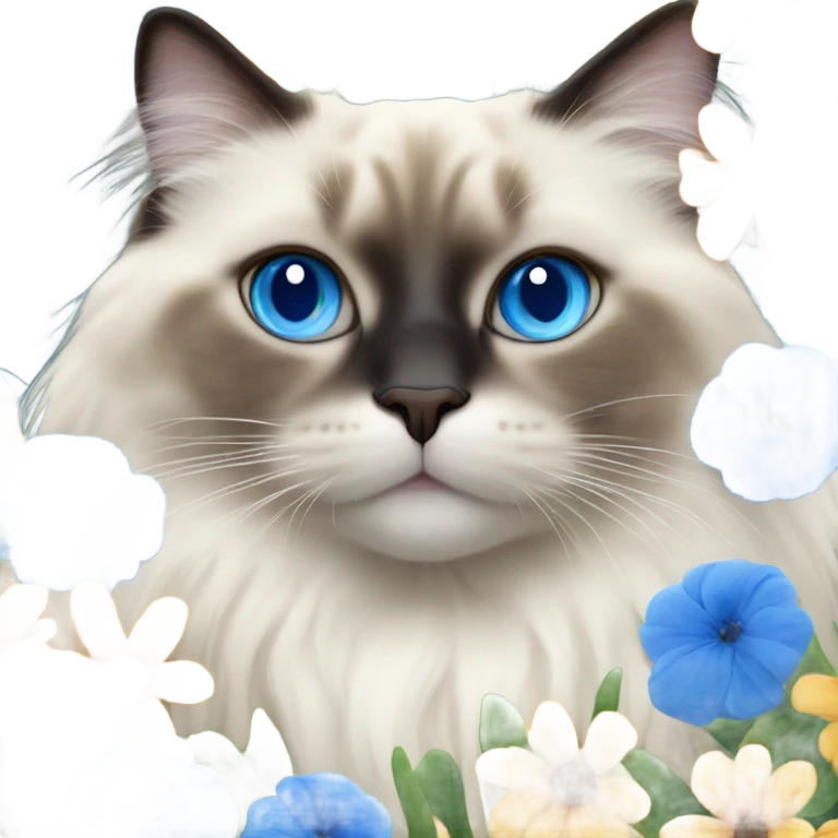Realistic ragdoll cat with blue eyes and flower  emoji