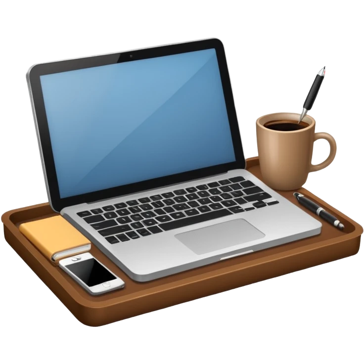 Laptop on the rectangular brown coffee tray, coffee and notebook emoji