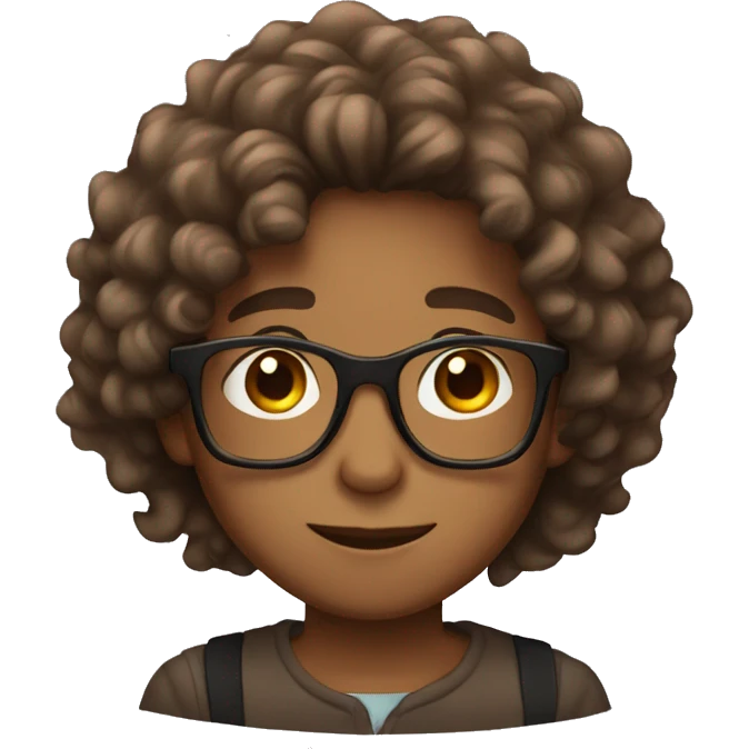 Boy with long curly hair brown skin and brown eyes and glasses emoji