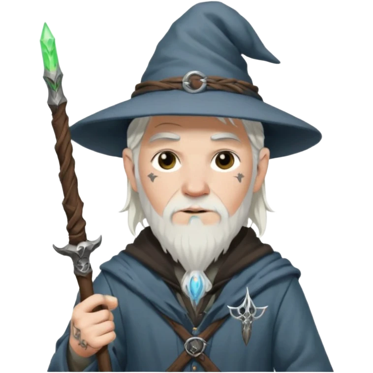 A punk guy with white hair, wearing a hat, holding a Gandalf staff and an AK-47 emoji