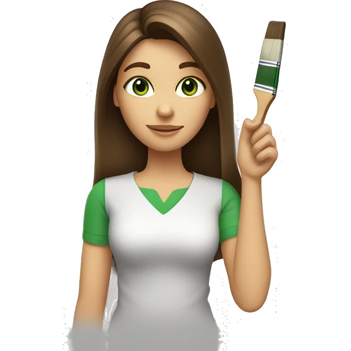 Face of a woman with long brown hair and side bang. She is holding a paintbrush in her hand.Green eyes. emoji