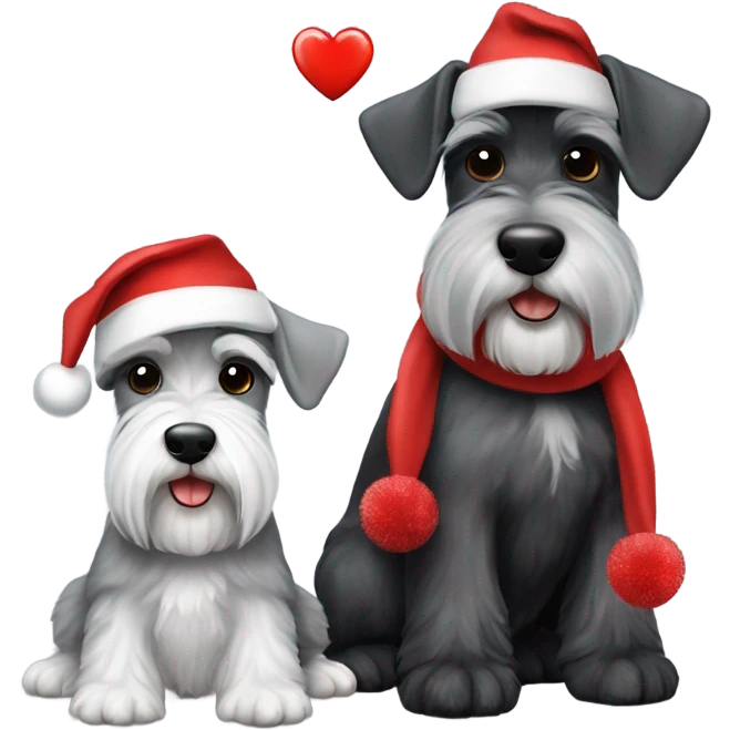 2 miniature schnauzers, 1 grey and 1 black, wearing Christmas hats with a heart emoji