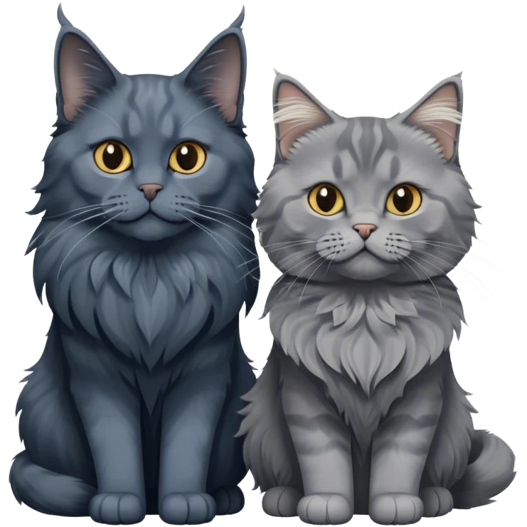 Portrait of a black smoke Maine Coon cat with long grey ear tufts, alongside a British Shorthair cat with a solid blue coat. Both cats with detailed fur textures and playful expressions. Soft, elegant background with warm, natural tones. Transparent background. emoji