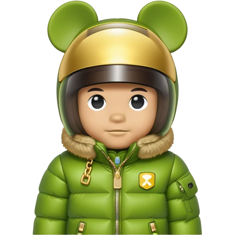 bearbrick with lime balaclava and logo tags, wearing large mirrored monolens ski visor shield covering entire upper face like sports goggles, puffy jacket with fur trim, gold chains emoji