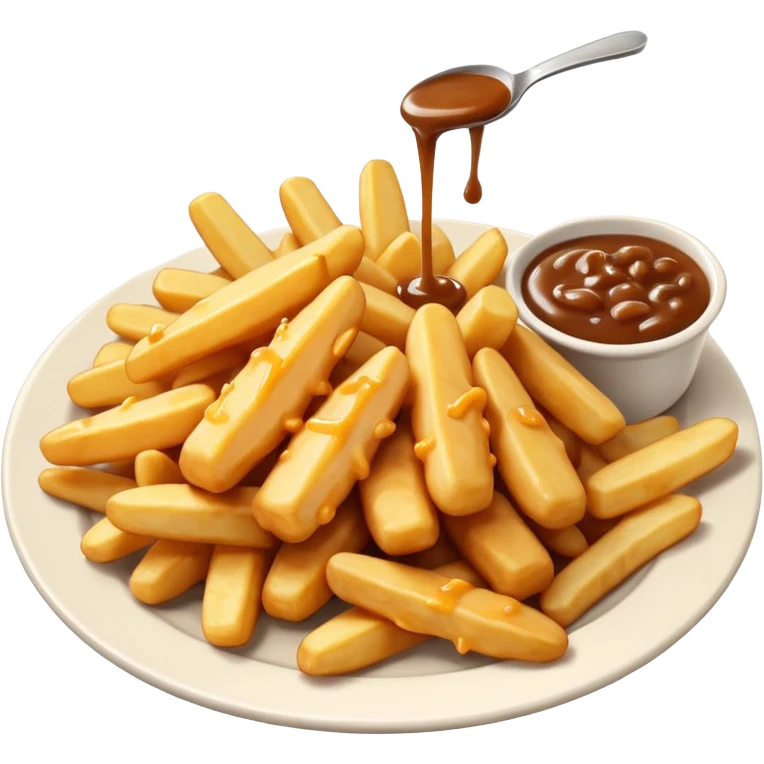 cheese curds with gravy on fries in a white plate emoji