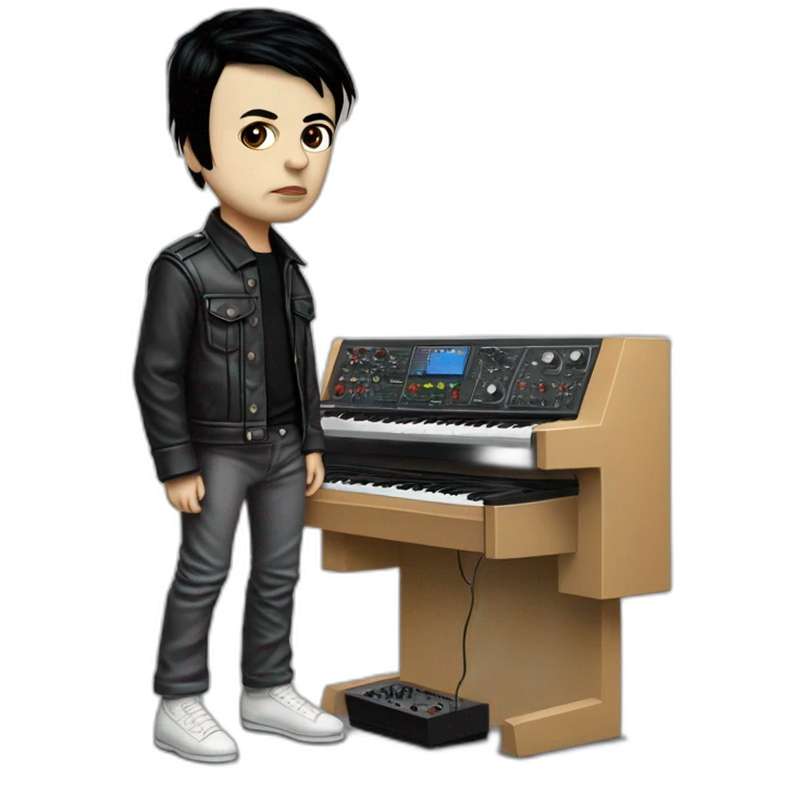 photo realistic, full body, Gary Numan in 1979, playing a Mini Moog, standing up, front view emoji