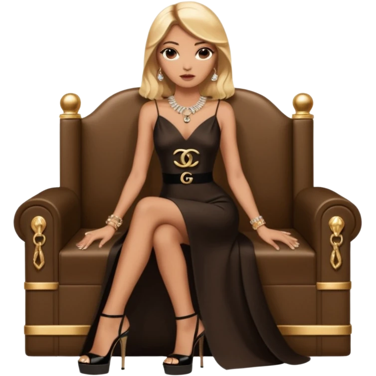 Lilith symbol light brown eyes. Woman of justice and power. Shoulder  length blonde haired  woman with Gucci and Chanel  bags next to her. Wearing long brown and black elegant dress with slit, sitting on a Chanel throne and diamonds everywhere around her. Black Platform high heels on feet. Chanel  emoji