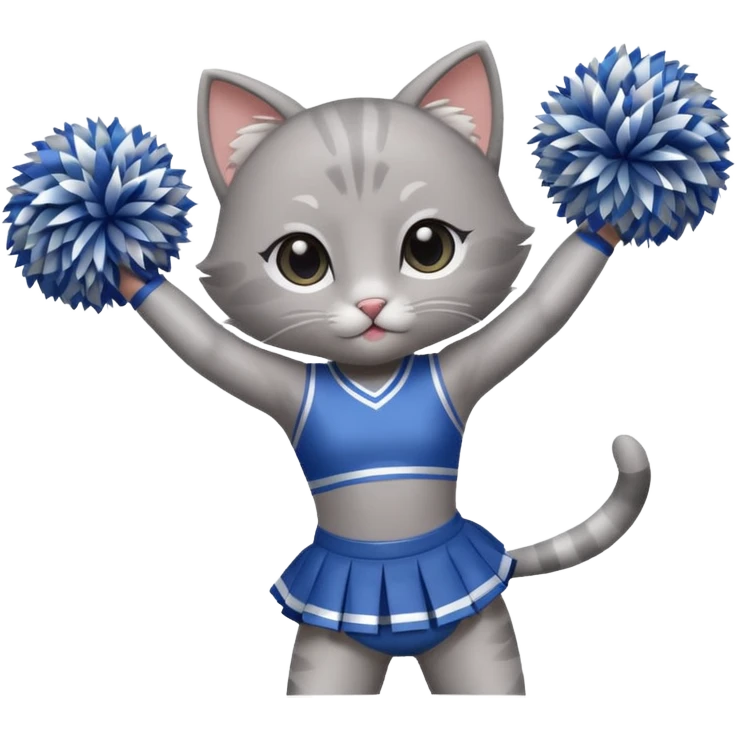 A cute chibi sleek grey cat cheerleader twirling pom-poms with confident energy. emoji