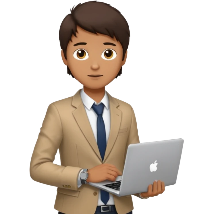 a light tan boy with messy dark brown hair. Wearing a blazer and carrying a lapotop. watch on wrist emoji