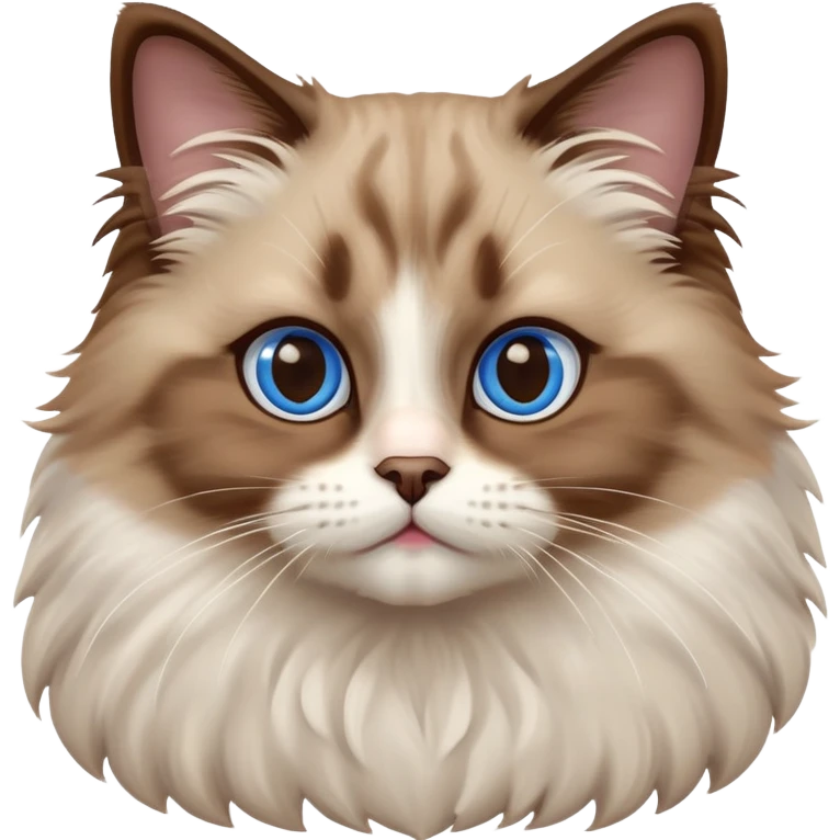 cinematic-adorable-big-eyed-fluffy-brown ragdoll-cat-portrait-emoji,-head-tilted-playfully-with-a-sweet-expression,-fluffy-white and brown-fur,-simplified-yet-irresistibly-cute-features-with-large,-expression, blue eyed ragdoll cat emoji