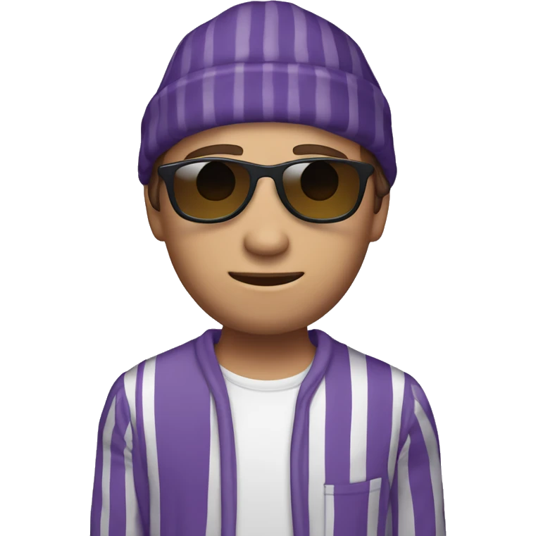 White guy, Brown hair in a side part style, with white and blue striped pajamas with pajama hat wearing sunglasses Holding an eggplant emoji