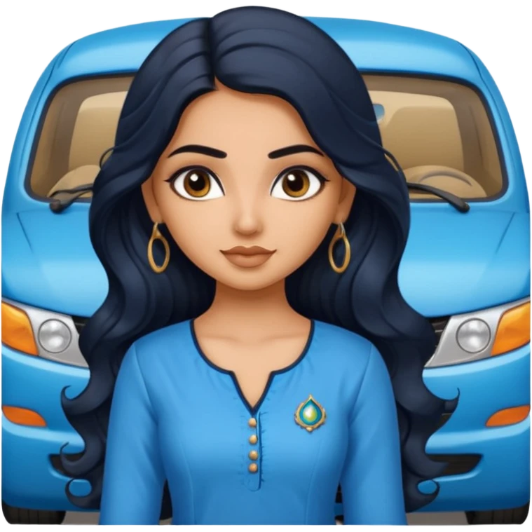 a pretty indian bratz girl with wavy long black hair, wearing a blue kurti, eyeliner on, indian auto behind her emoji