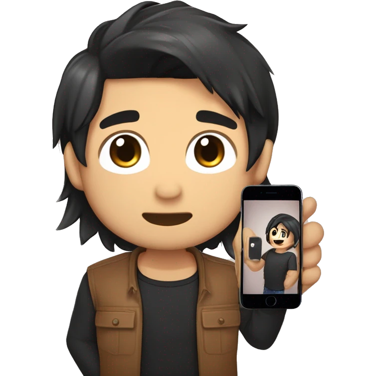 masterpiece,anime style,chibi,illustrated logo,medium short shot,twitch emote of a guy taking a picture with an iphone in front of a mirror,black hair,all brown skin,black shirt,hair half backcombed, un poco
mas moreno, y con peinado hacia atras emoji