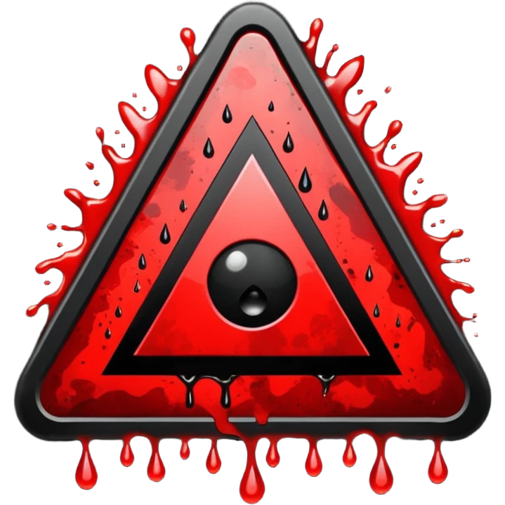 A triangular danger sign with a bold black border with danger written in the midle and a bright yellow background. In the center, a dark red blood splatter spreads outward, with a few drops dripping down the sign. The design gives a wild, intense, and dangerous vibe, emoji