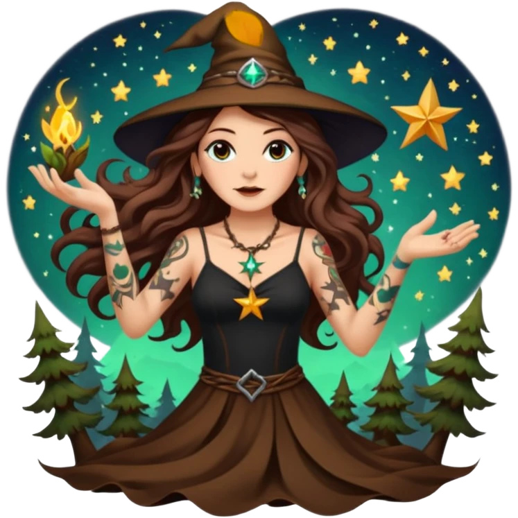 forest witch woman long wavy brown hair tattoos tossing star seed emoji