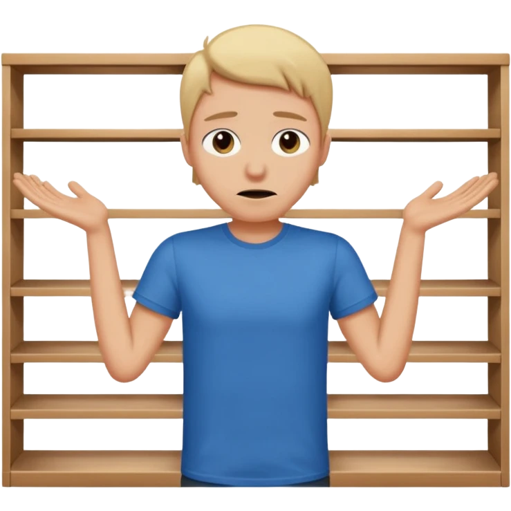 verzweifelte Person mit offenen Armen vor leerem Regal, Gesichtsausdruck: Verzweiflung emoji