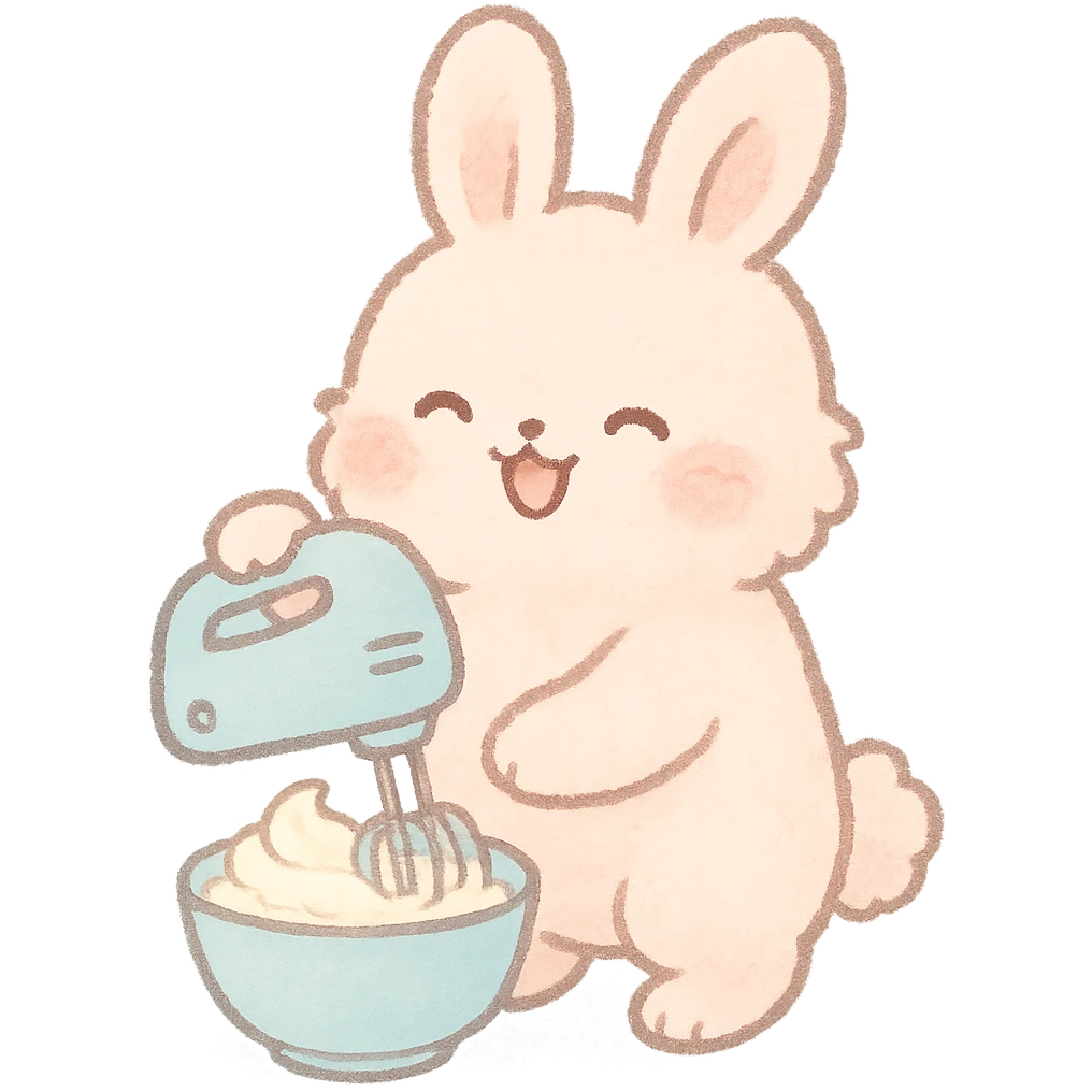kawaii hand mixer soft fluffy rabbit spinning cream, joyful expression, soft pastel blue, full-body emoji