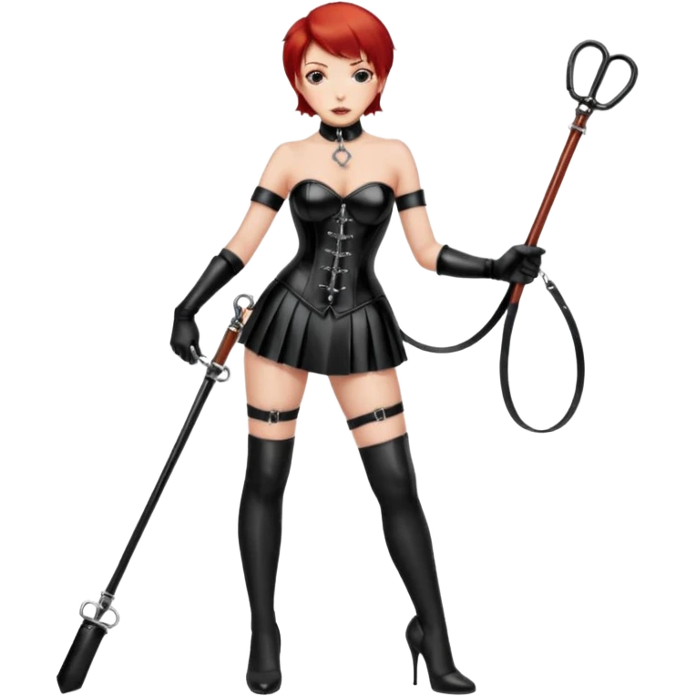 mistress, ragazza dominante, capelli rossi corti, sguardo serio, corsetto in pelle nero lucido, minigonna in latex, frusta in mano, guanti lunghi neri, calze autoreggenti nere, tacchi alti, schiavo con collare e guinzaglio legato alla mano della ragazza emoji
