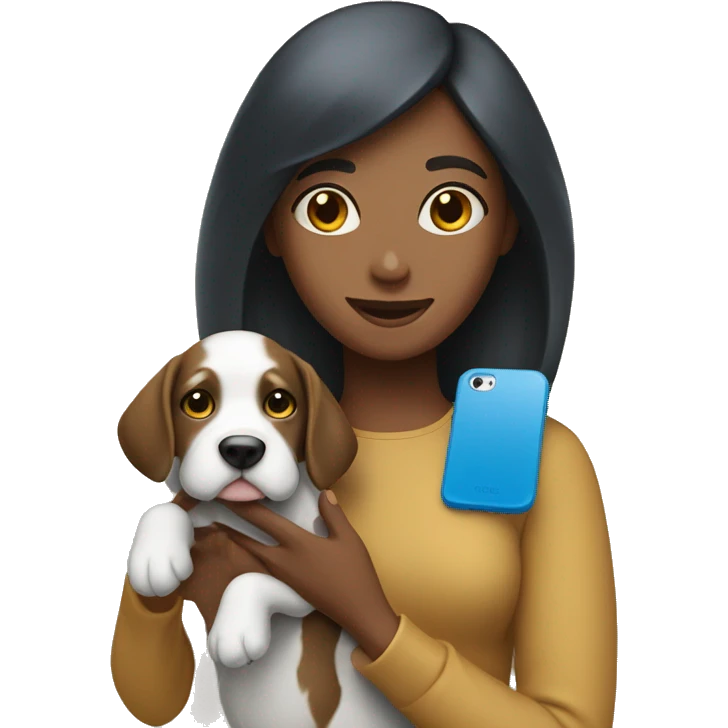 A girl holding a iPhone 15 bleu with a dog beside  emoji