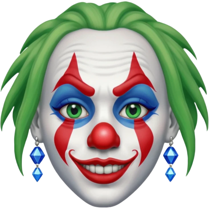 White face clown, with green dreadlocks, red lips, red ball nose, and blue diamond shaped eye paint emoji