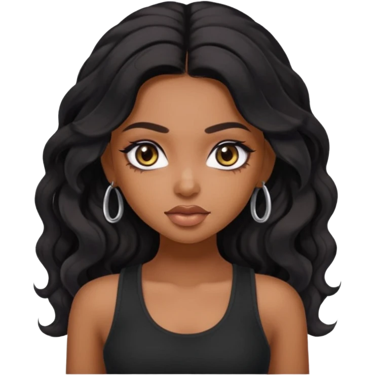 a pretty bratz dusky girl with long wavy black hair, kajal under eyes, black full sleeve tank top emoji