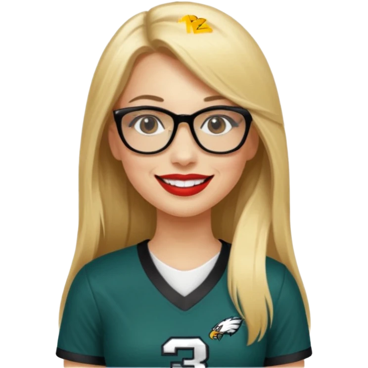 long blonde straight hair, black small glasses, smiling, lipstick, full length eagles football uniform, 33 emoji